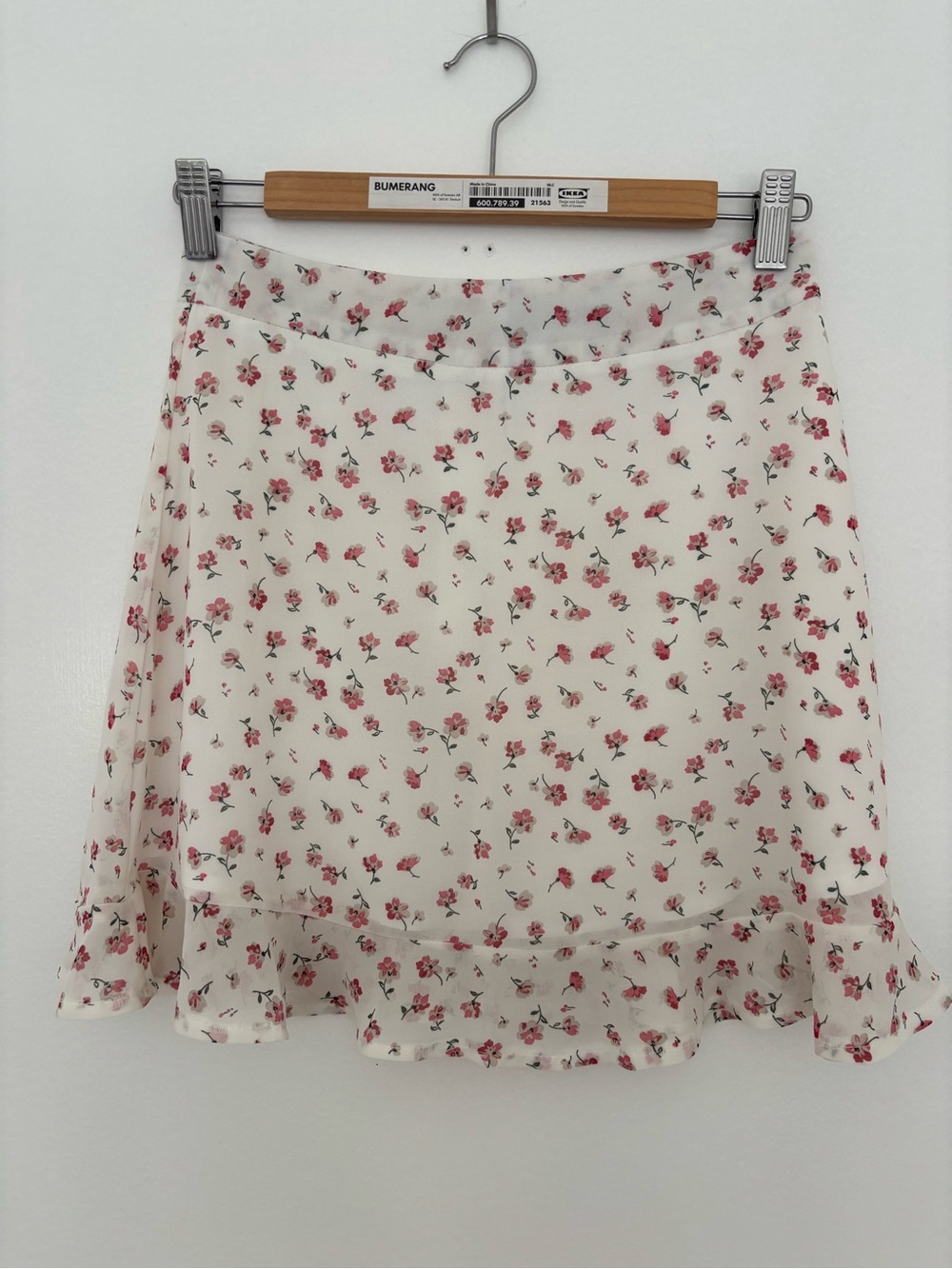 Floral Ruffle Hem Skirt - White with Pink Floral | Cottagecore Coquette Summer S - Picture 3 of 8
